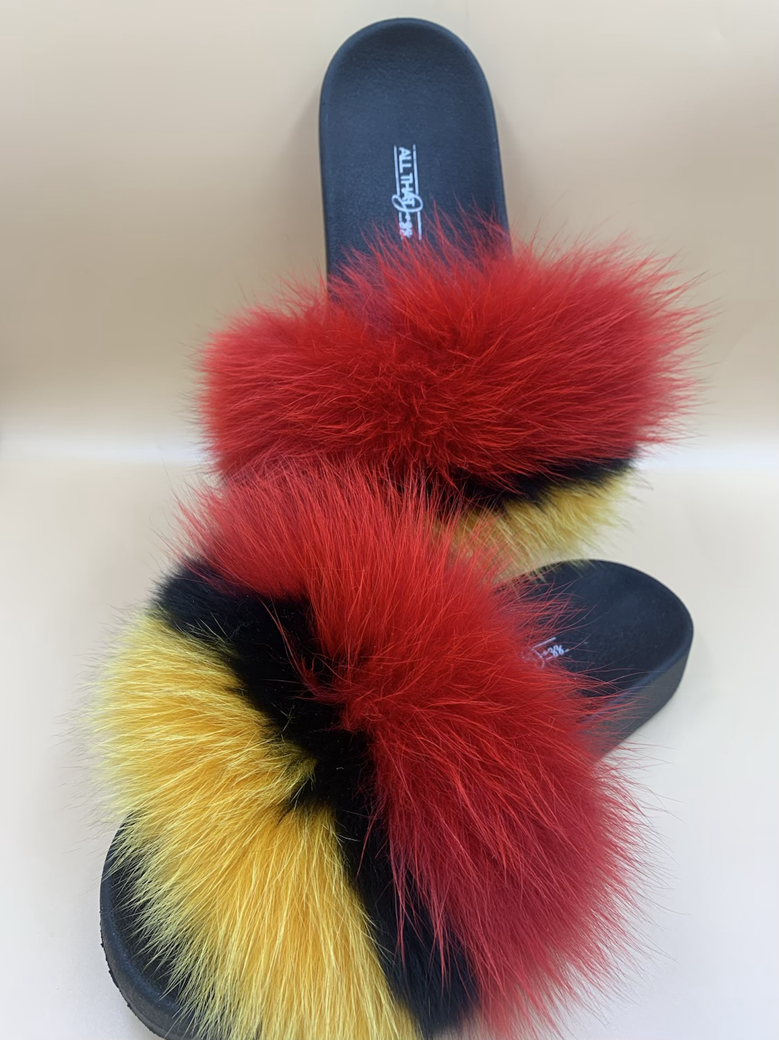 Red Multi Colored Fur Slides