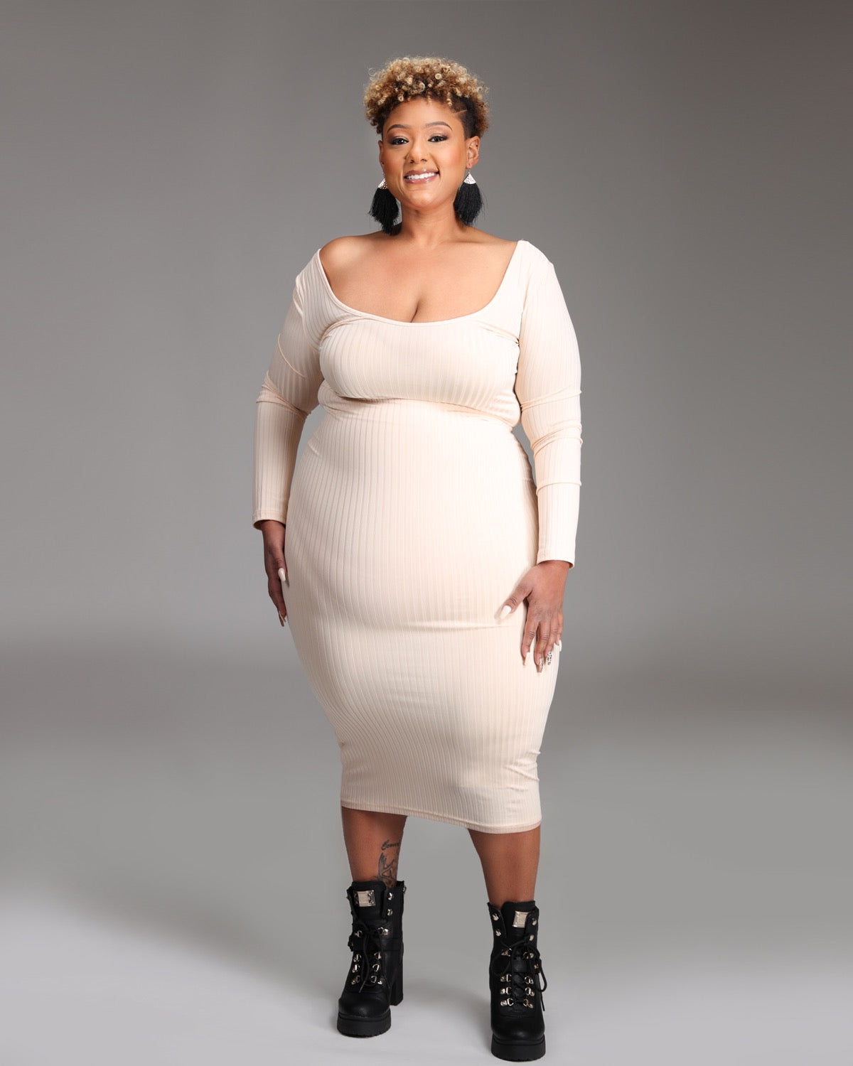 Beige Bodycon Midi Dress